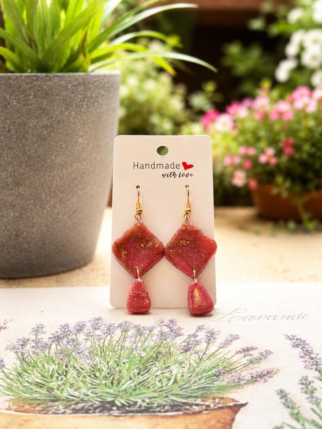 Pink & Gold Marble Two-Tier Polymer Clay Drop Earrings – Gold Fish Hook, Handmade