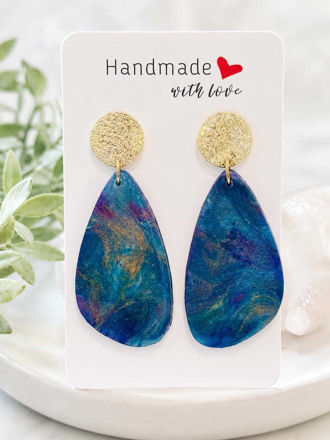 Blue, Purple & Gold Alcohol Ink Teardrop Polymer Clay Earrings – Gold-Filled Hammered Studs, Handmade