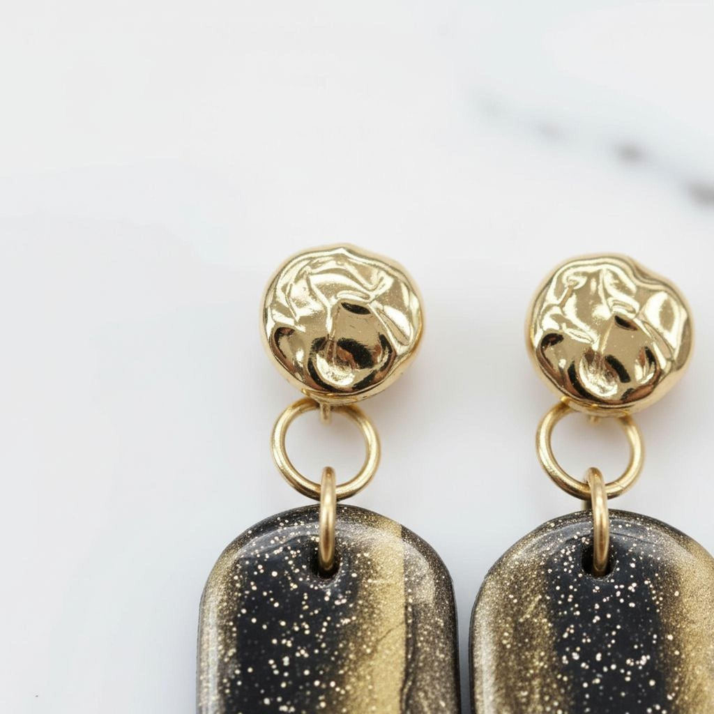 Black & Gold Polymer Clay Drop Earrings – Hammered Gold-Filled Studs, Handmade