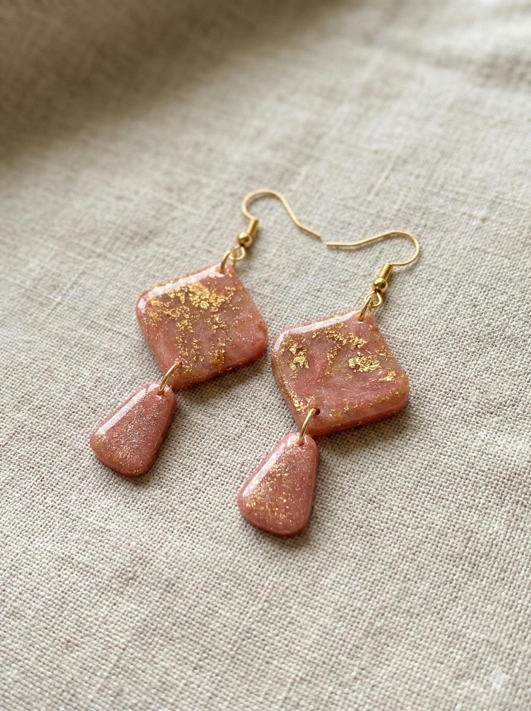 Pink Marble & Gold Leaf Polymer Clay Drop Earrings – 14ct Gold-Filled Hooks, Handmade