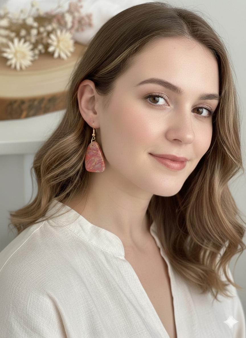 Pink Marble Polymer Clay Dangle Earrings – Gold-Filled Shepherd Hooks, Handmade