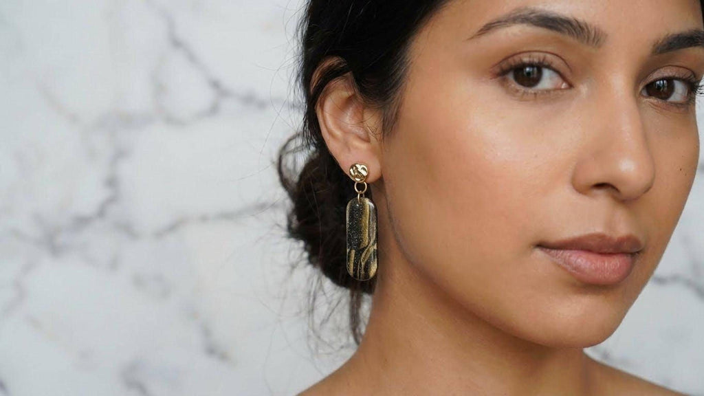 Black & Gold Polymer Clay Drop Earrings – Hammered Gold-Filled Studs, Handmade