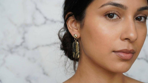 Black & Gold Polymer Clay Drop Earrings – Hammered Gold-Filled Studs, Handmade