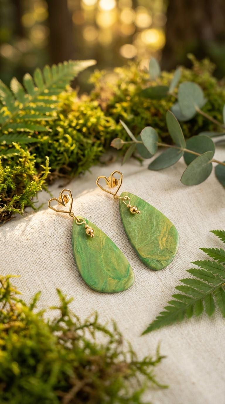 Green & Gold Marble Polymer Clay Drop Earrings – Handcrafted Gold Heart Dangles