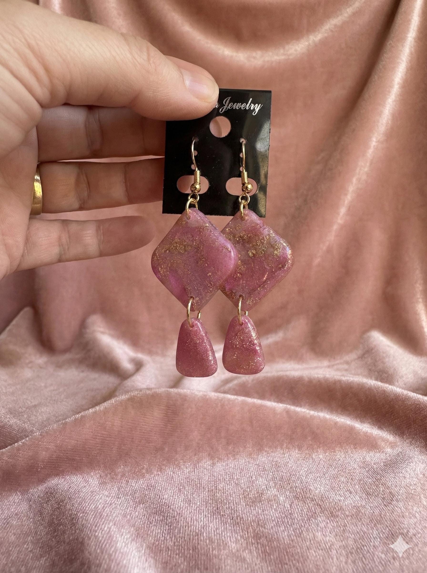 Pink Marble & Gold Leaf Polymer Clay Drop Earrings – 14ct Gold-Filled Hooks, Handmade