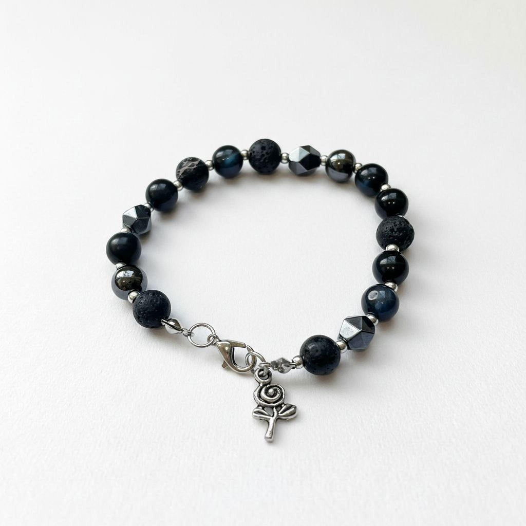 Protection Bracelet: Cat Eye, Hematite, Obsidian, Lava Stone, Black Silver Beads