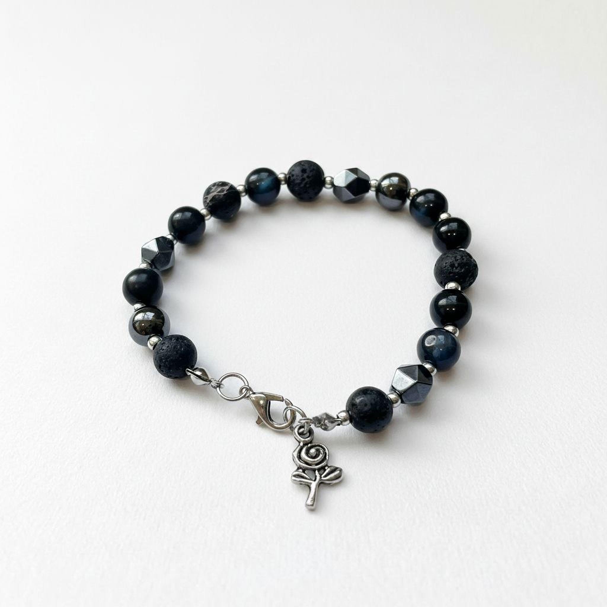 Protection Bracelet: Cat Eye, Hematite, Obsidian, Lava Stone, Black Silver Beads