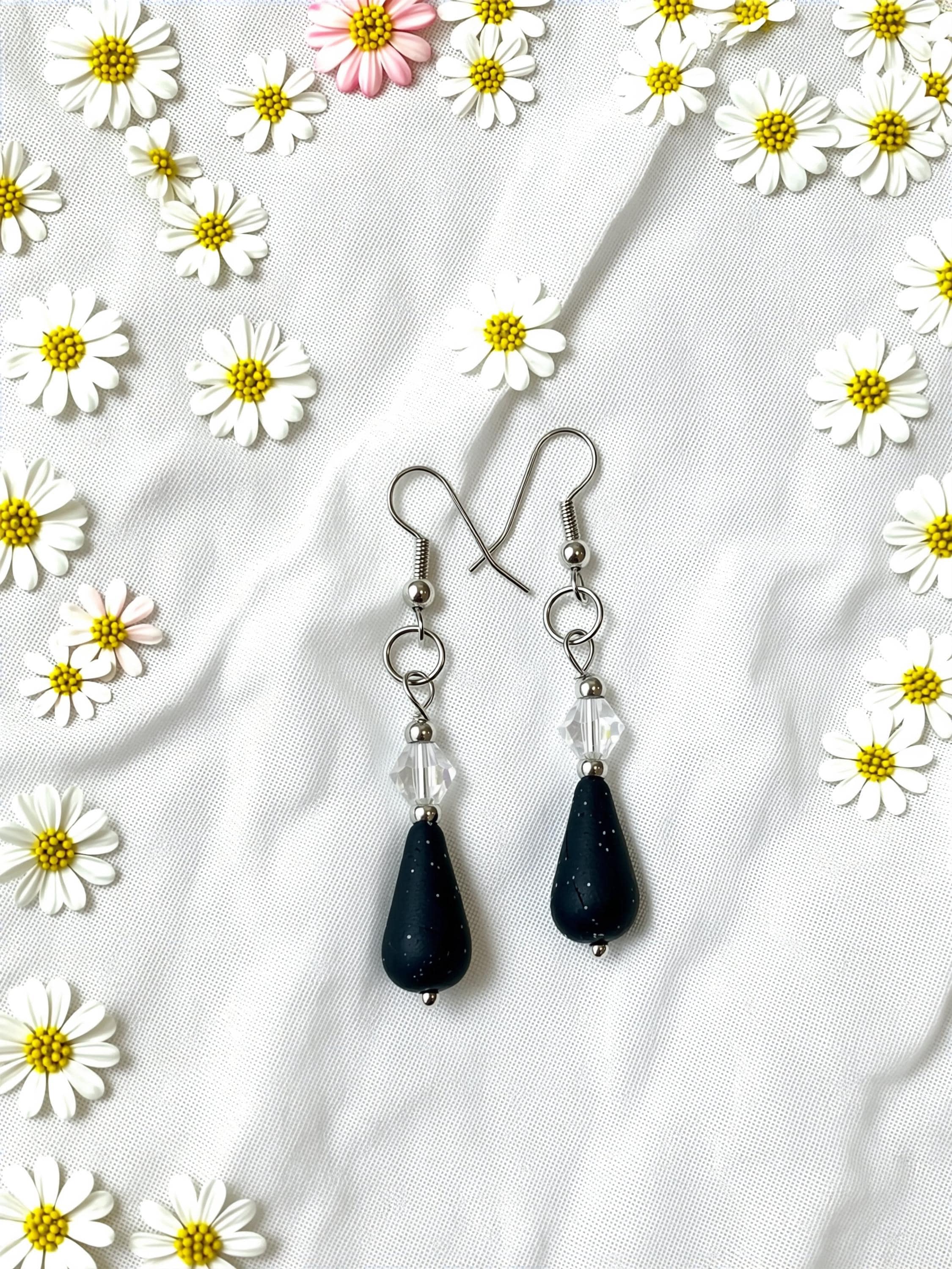 Black Teardrop Dangle Earrings – Silver Crystal Elegant Jewelry