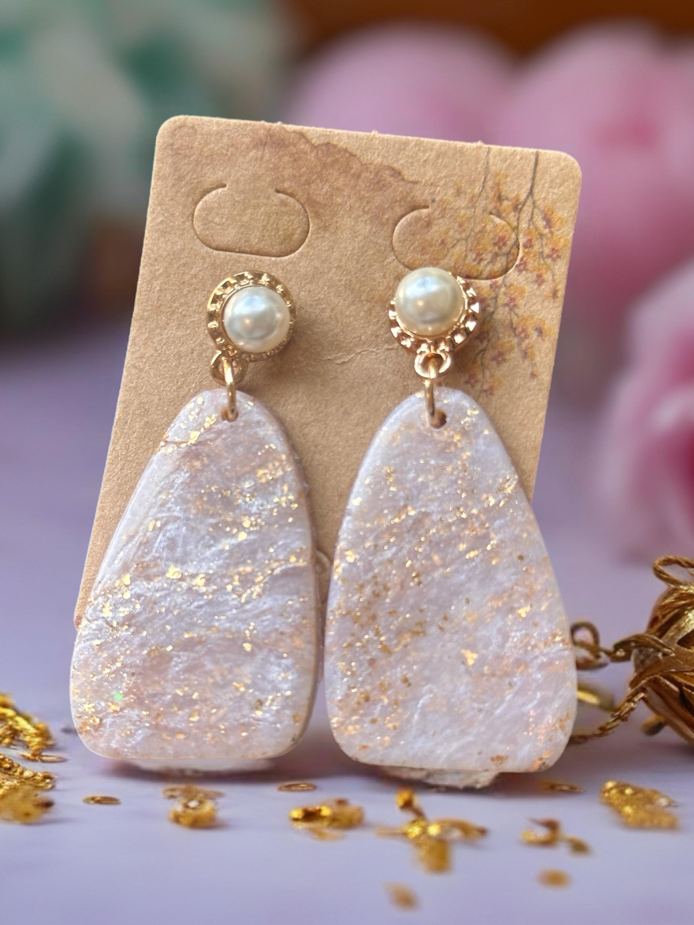 Handmade Pearl Drop Earrings | Gold Filled Studs | Neutral Polymer Clay