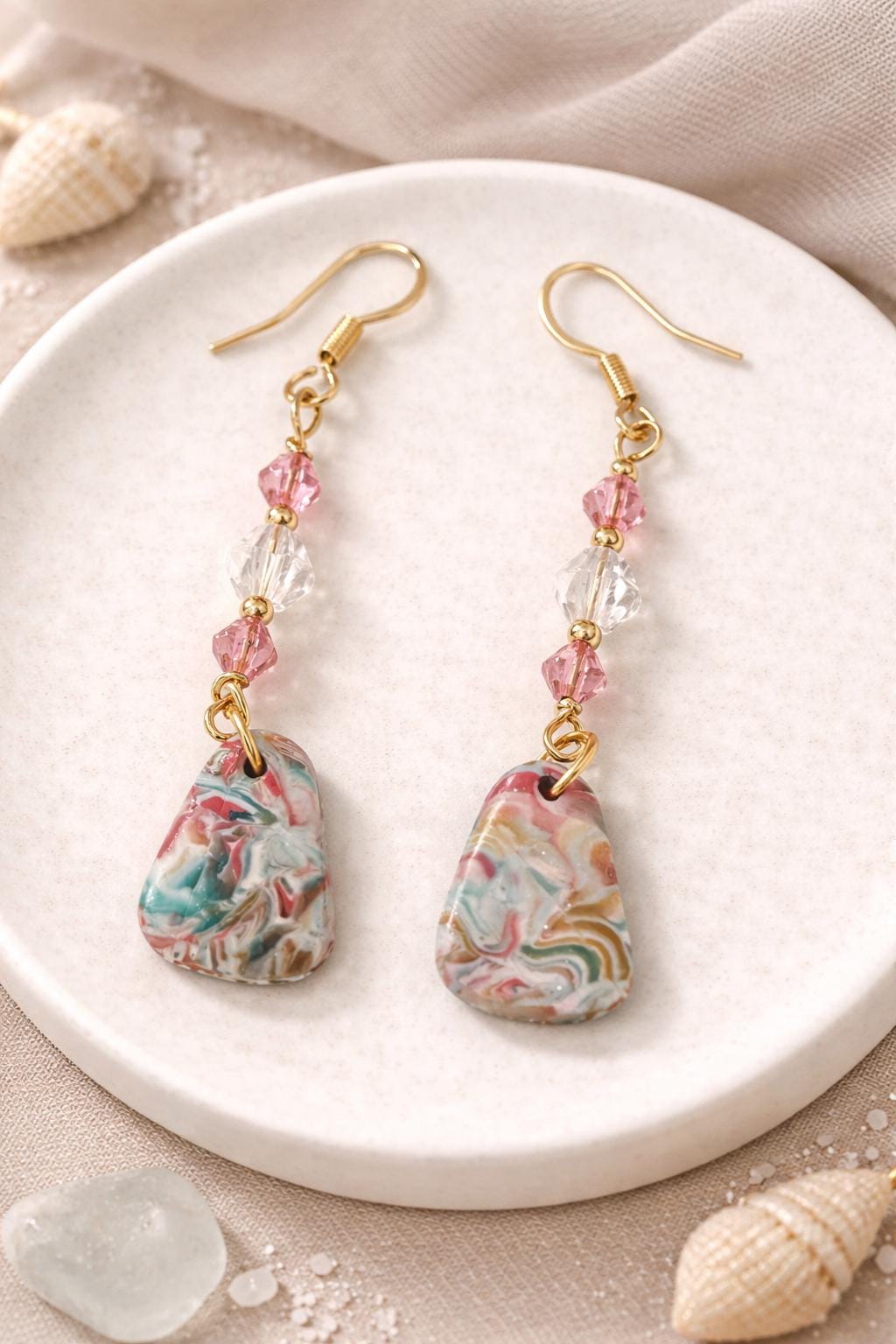 Austrian Crystal & Polymer Clay Drop Earrings – Pink & White Handcrafted Dangles