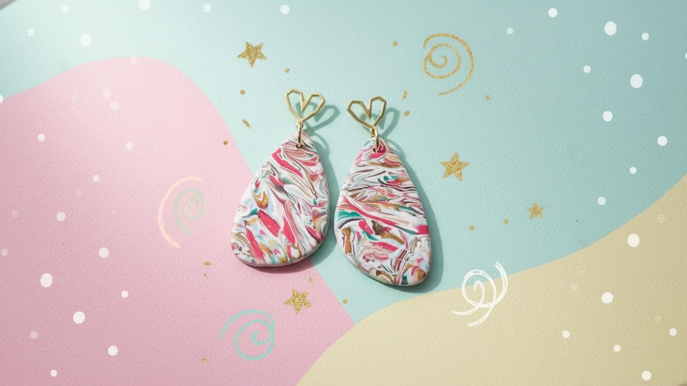 Colourful Marbled Teardrop Polymer Clay Earrings – Gold-Filled Studs, Handmade