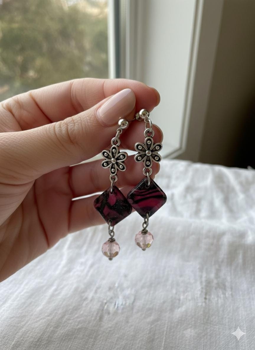 Pink and Black Flower Earrings: Handmade Polymer Clay with Crystals, silver plated studs