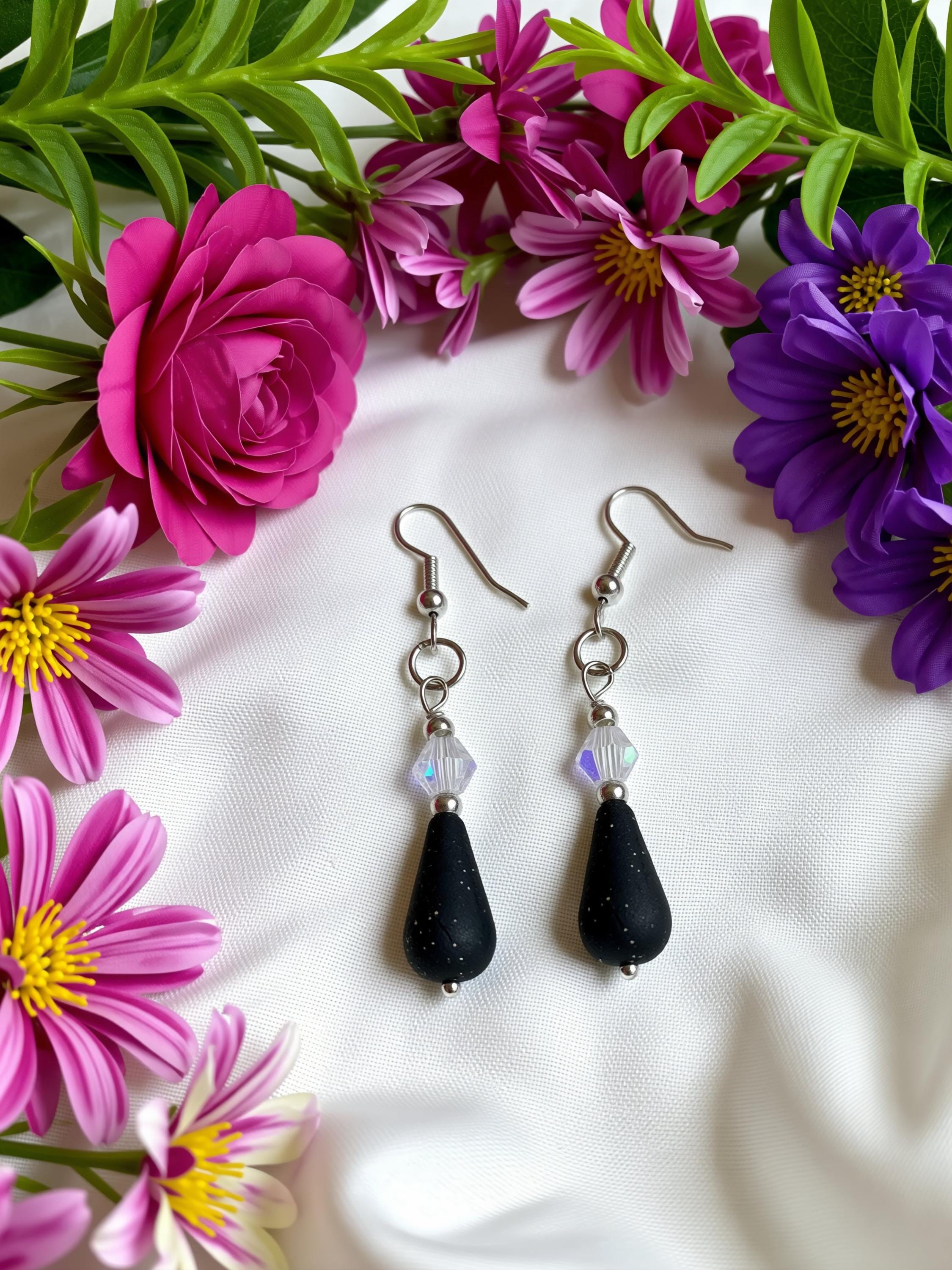 Black Teardrop Dangle Earrings – Silver Crystal Elegant Jewelry
