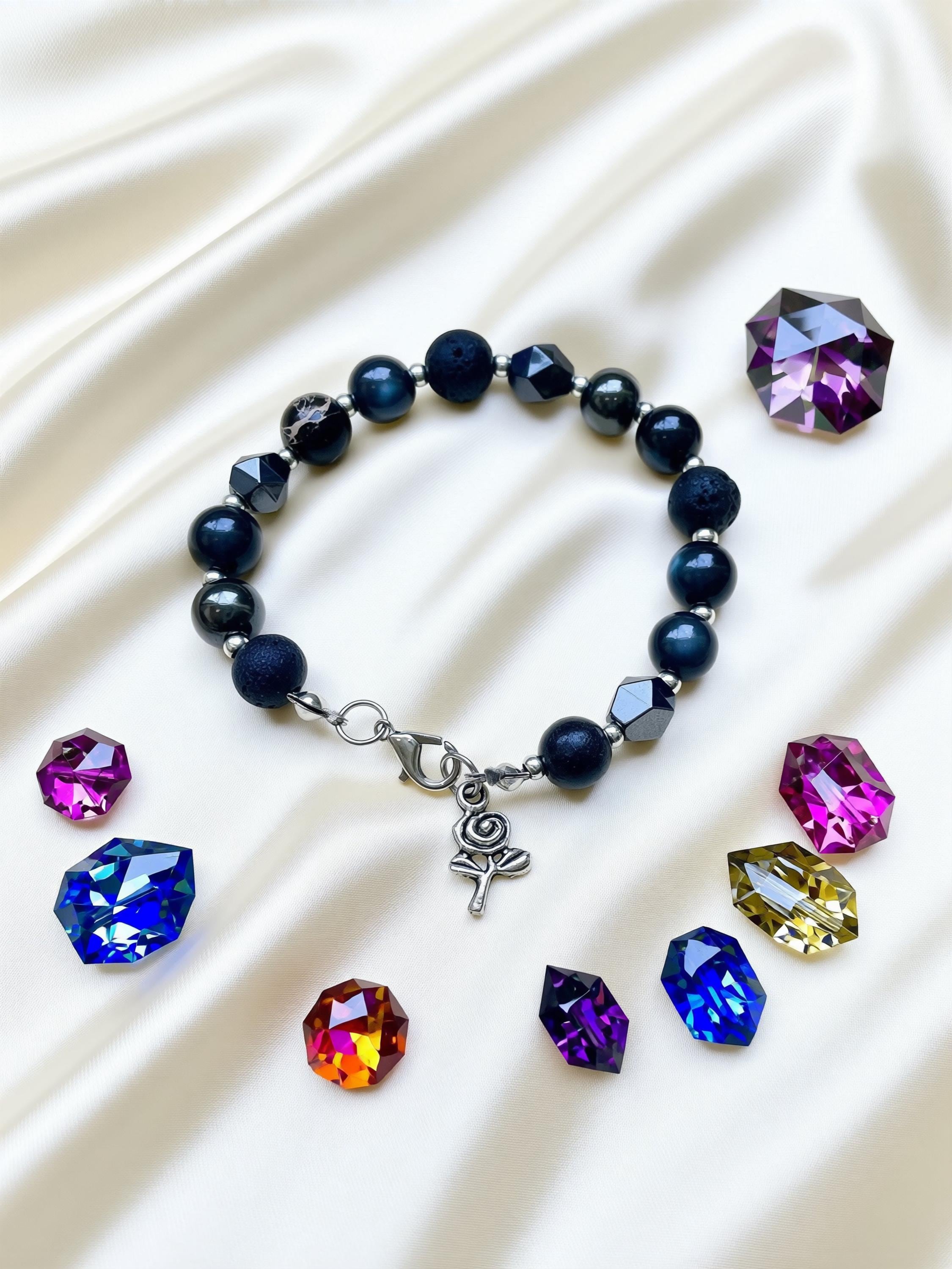 Protection Bracelet: Cat Eye, Hematite, Obsidian, Lava Stone, Black Silver Beads