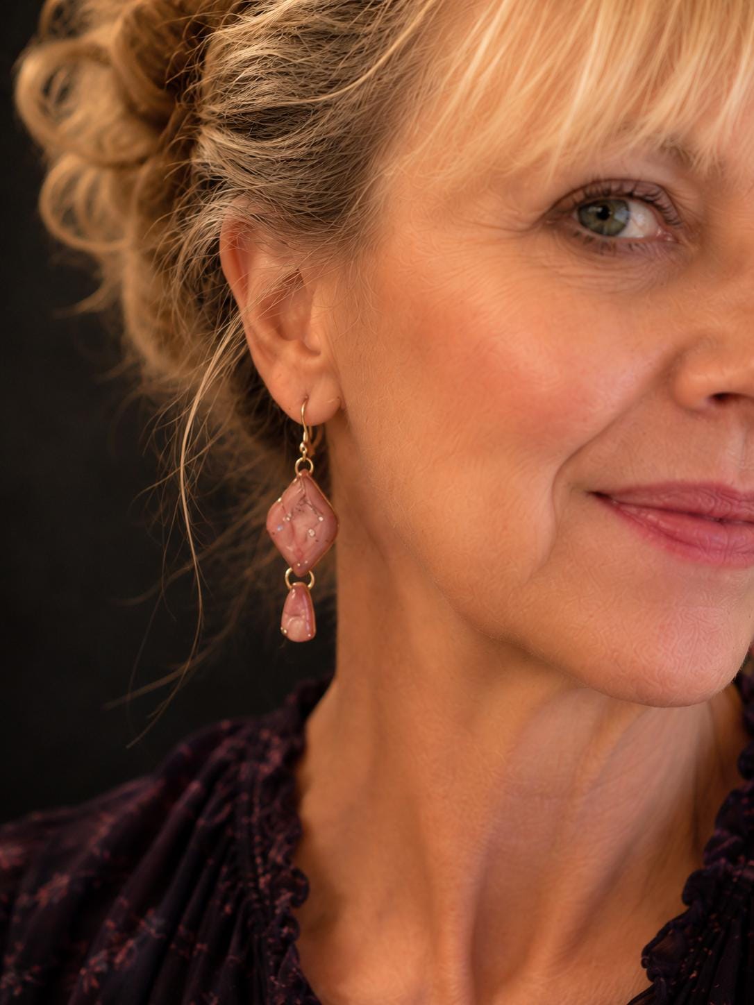 Pink & Gold Marble Two-Tier Polymer Clay Drop Earrings – Gold Fish Hook, Handmade