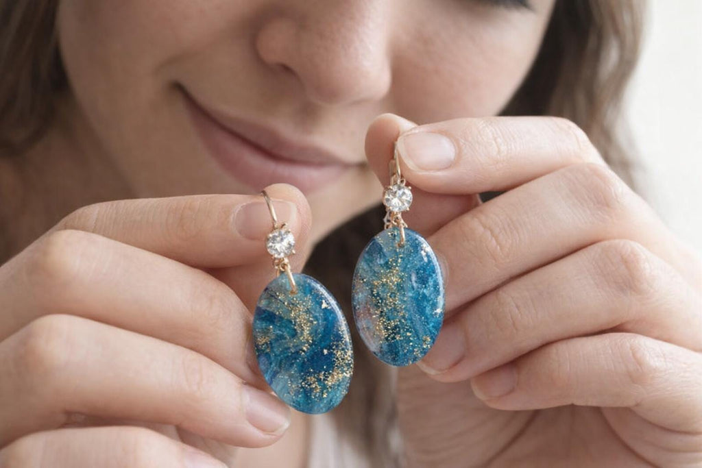 Opal-Inspired Blue & Gold Fleck Polymer Clay Earrings – Gold-Filled Zircon Hooks, Handmade