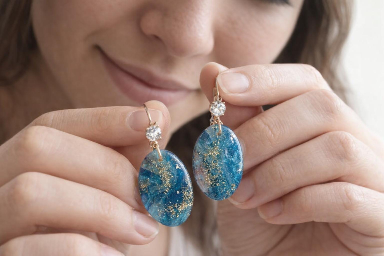 Opal-Inspired Blue & Gold Fleck Polymer Clay Earrings – Gold-Filled Zircon Hooks, Handmade