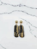 Black & Gold Polymer Clay Drop Earrings – Hammered Gold-Filled Studs, Handmade