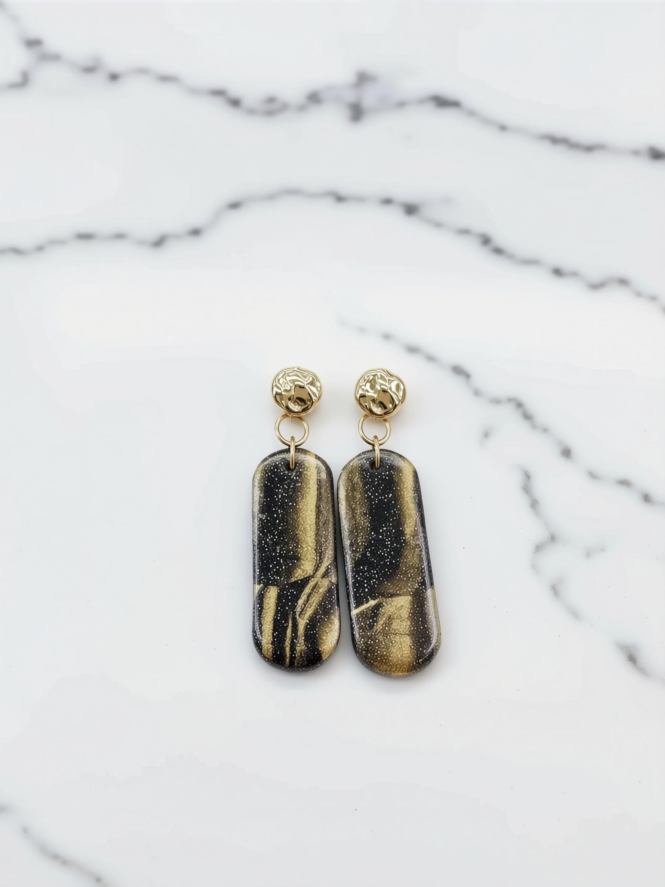Black & Gold Polymer Clay Drop Earrings – Hammered Gold-Filled Studs, Handmade