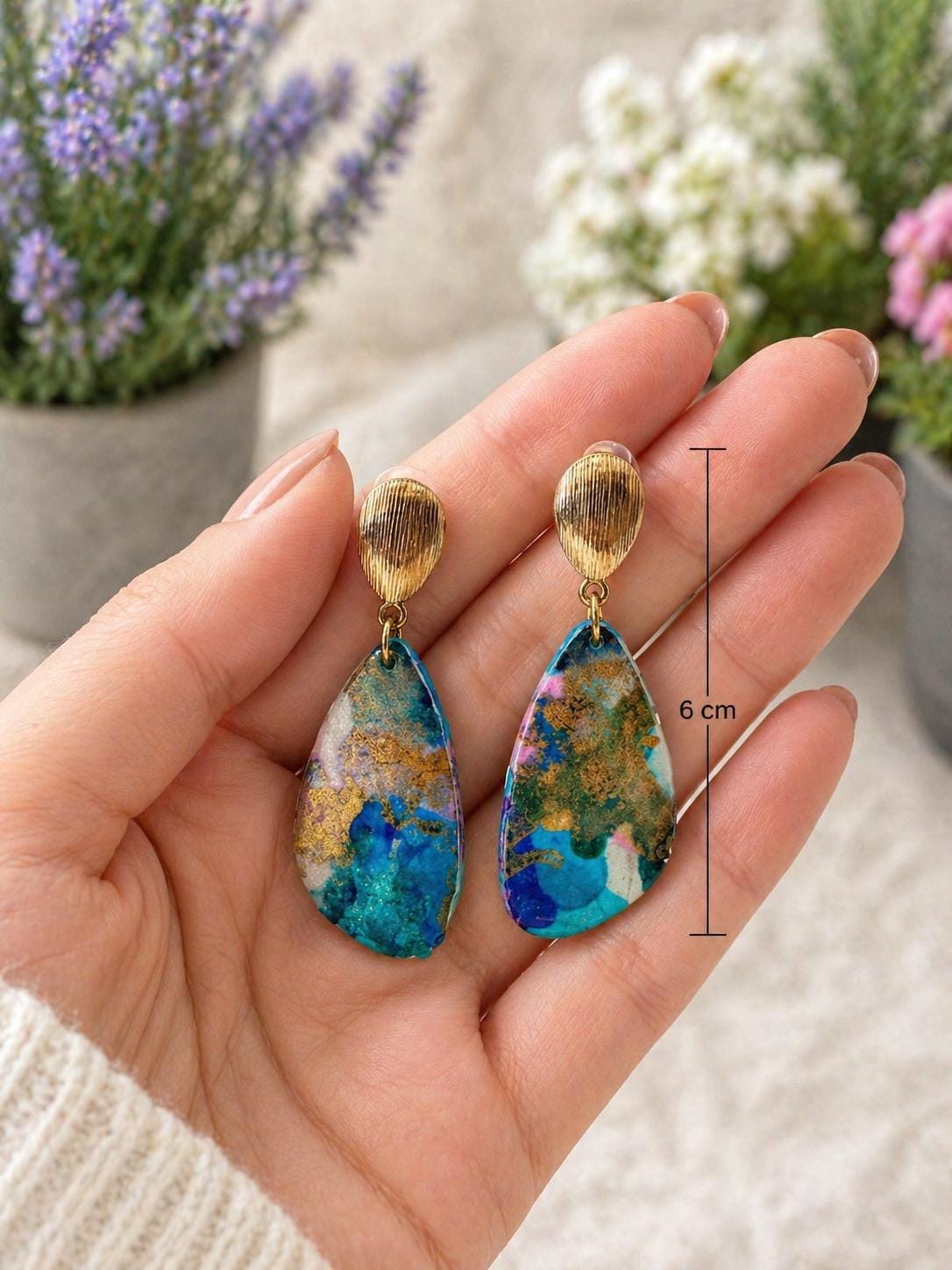 Alcohol Ink Teardrop Polymer Clay Drop Earrings – Gold-Filled Studs, Handmade