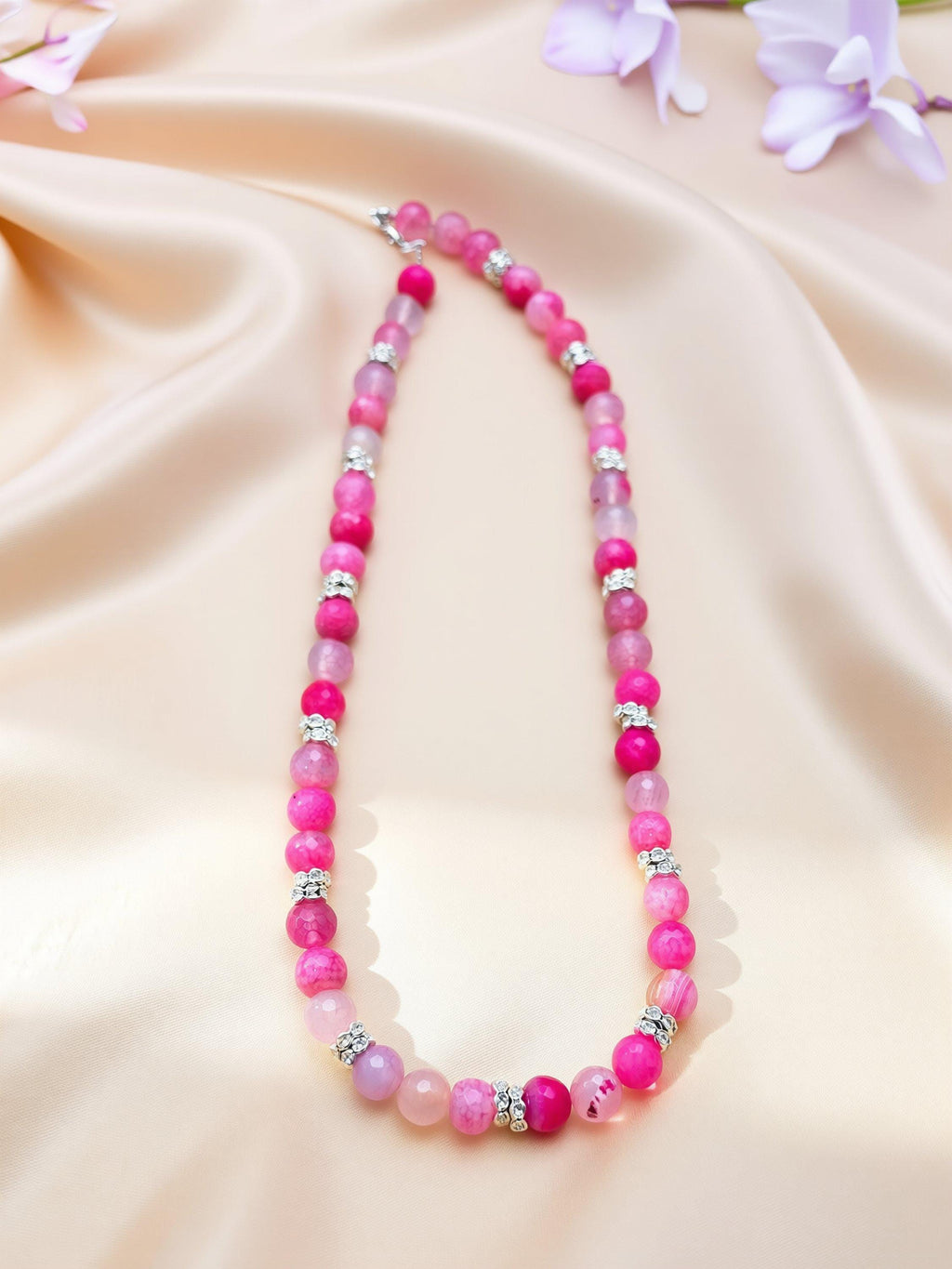 Pink Agate Beaded Necklace, Silver Rhinestone Spacers (Handmade Boho, 54cm)
