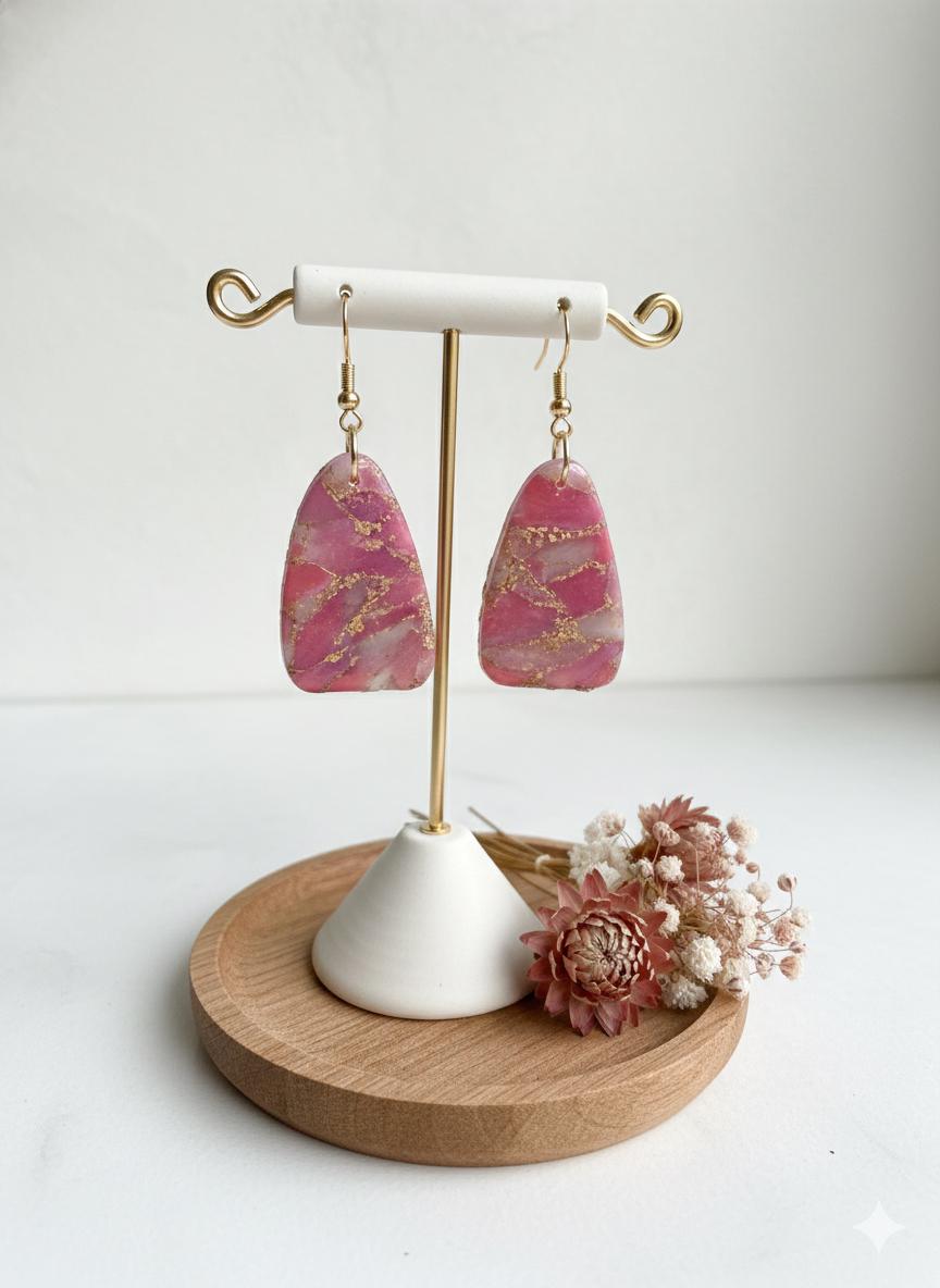 Pink Marble Polymer Clay Dangle Earrings – Gold-Filled Shepherd Hooks, Handmade
