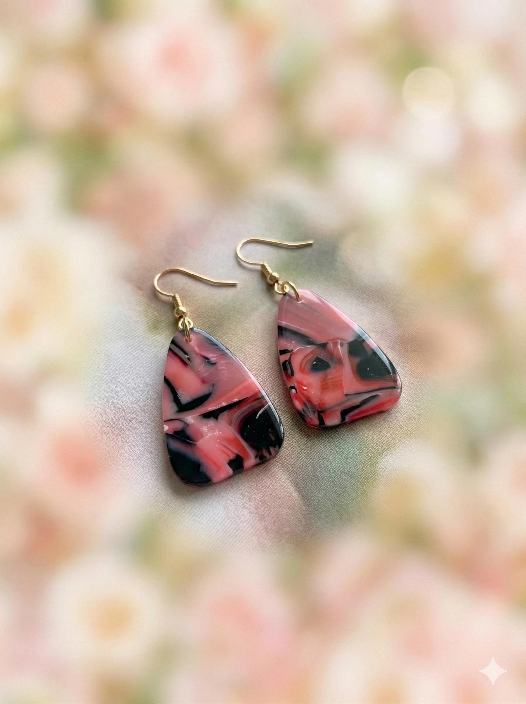 Polymer Clay Earrings, Pink Black Marble, Gold Specks (Lightweight Dangles)
