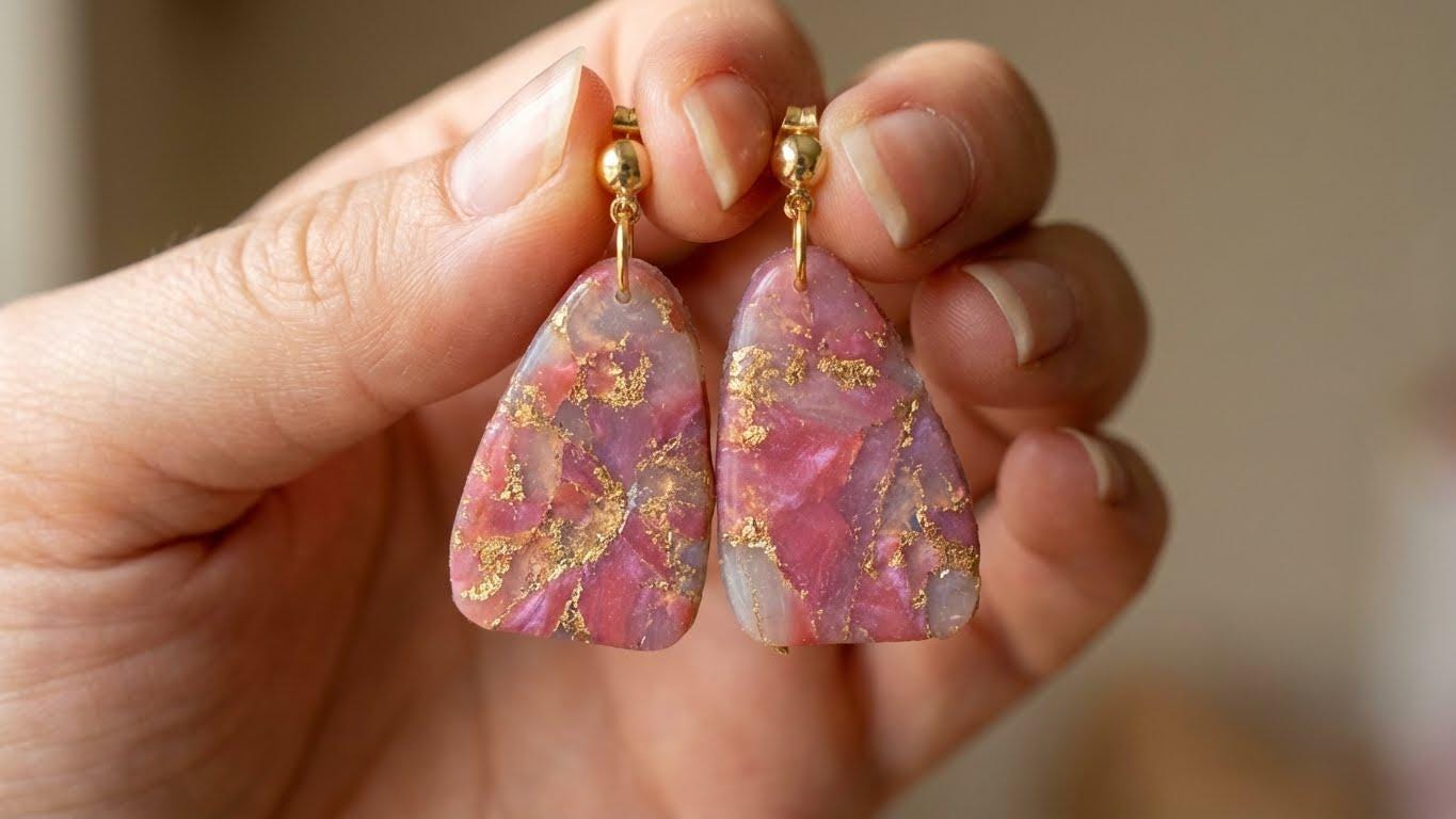 Pink Marble & Gold Leaf Polymer Clay Stud Earrings – Gold-Filled Posts, Handmade