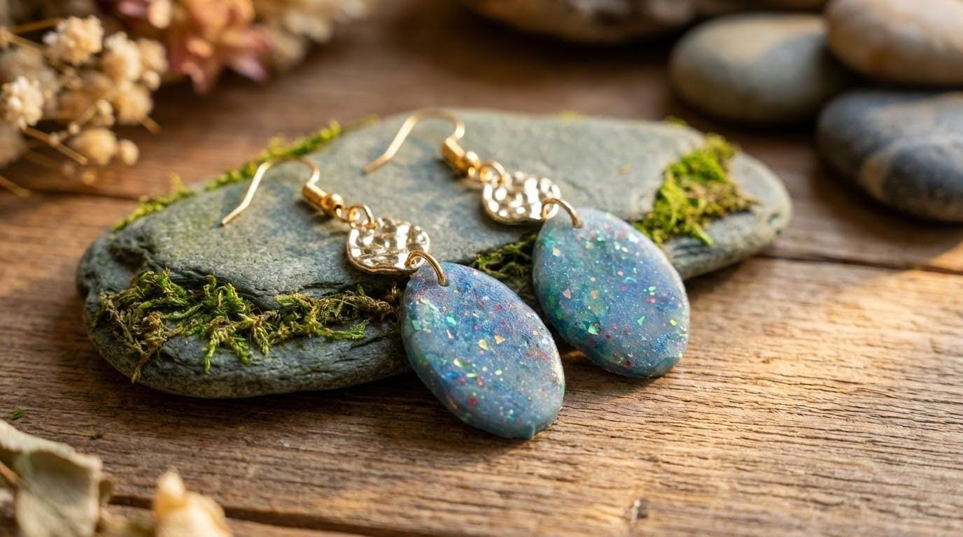 A pair of blue and green earrings with gold accents, resting on a mossy rock, are displayed on a wooden surface. __etsy:7578392032