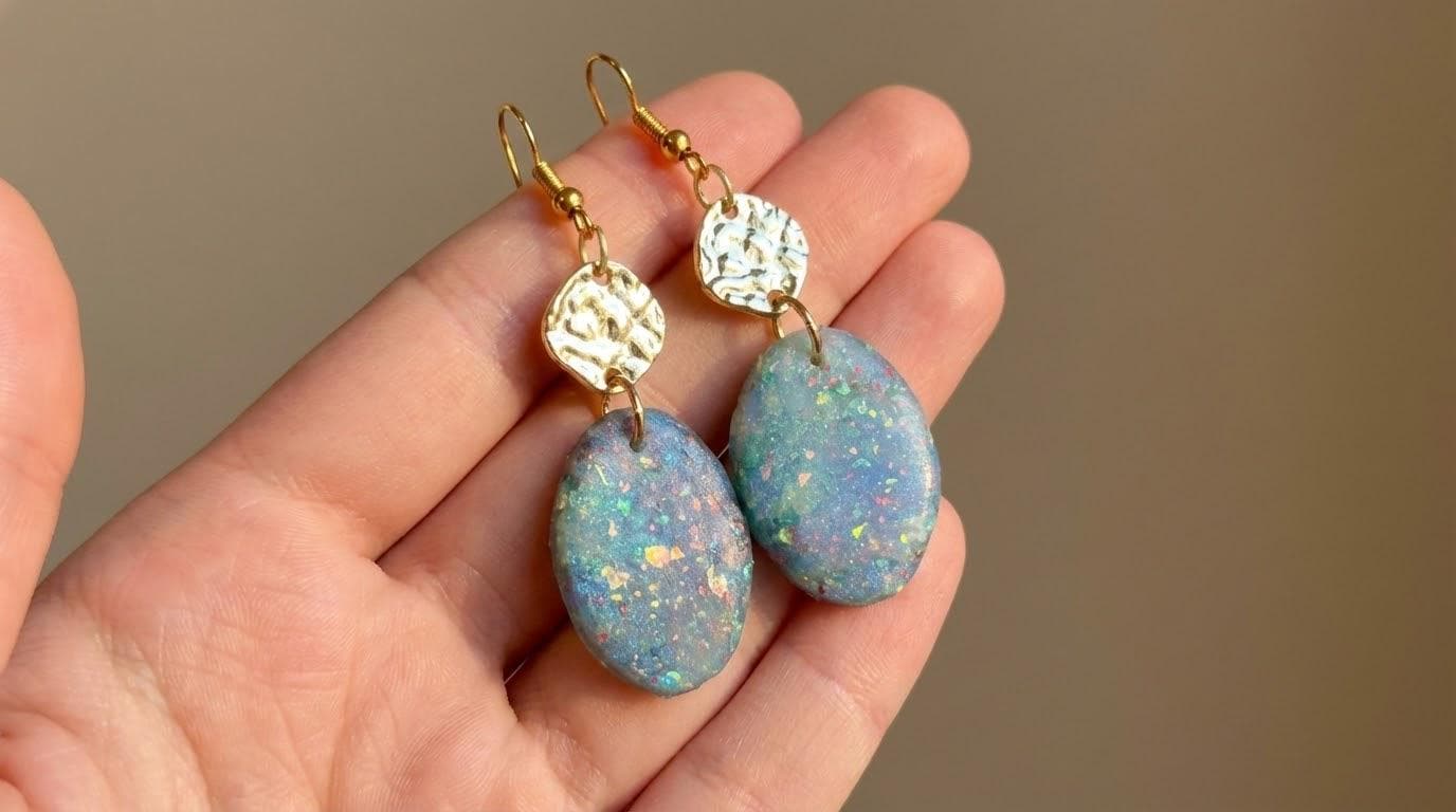 A hand holding a pair of gold earrings with blue and green stones. __etsy:7626336603