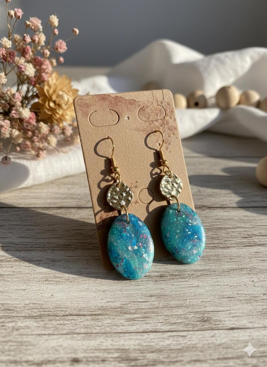 Opal Inspired Dangle Earrings,  Handmade Polymer Clay Earrings, Gold Filled & Hammered Detail __etsy:7684739160