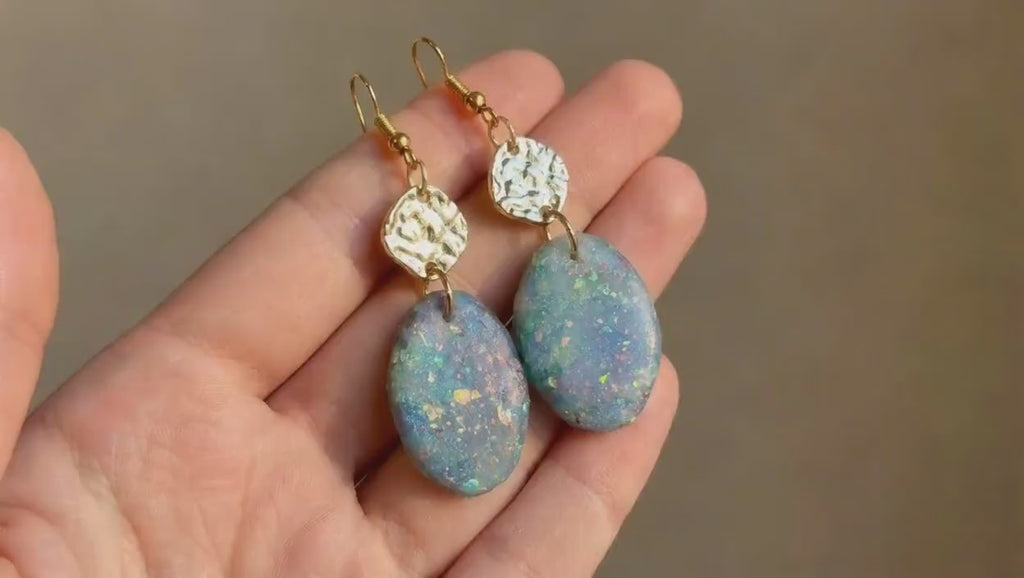 Opal Inspired Dangle Earrings,  Handmade Polymer Clay Earrings, Gold Filled & Hammered Detail