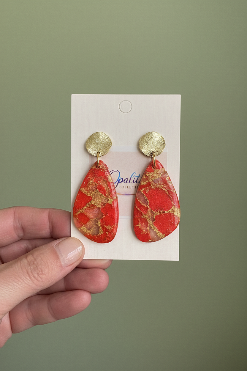 Red & Gold Earrings - Clear Polish & Green Background